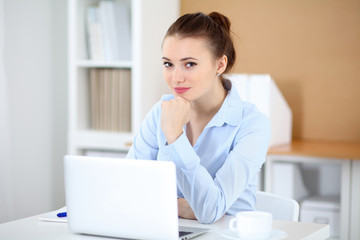 Young business woman working on laptop in office. Successful business concept.