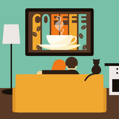 Couple and cat watching together coffee advertising on television
