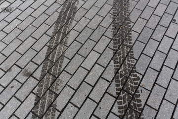 Wet car tracks on pavement.