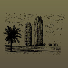 Al Bahr Towers in the city of Abu Dhabi, United Arab Emirates. Vector hand drawn sketch