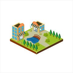 Isometric icon representing modern house with backyard