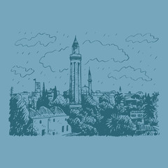 Obraz premium Grooved Minaret (Yivli Minare), Kaleici, Antalya, Turkey. Vector freehand pencil sketch.