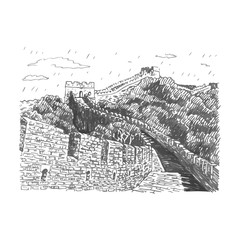 The Great Wall, Beijing, China. Vector freehand pencil sketch.