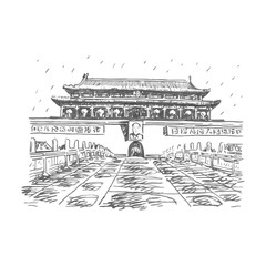 The Tiananmen Gate at the Tiananmen Square in Beijing, China. Vector freehand pencil sketch.
