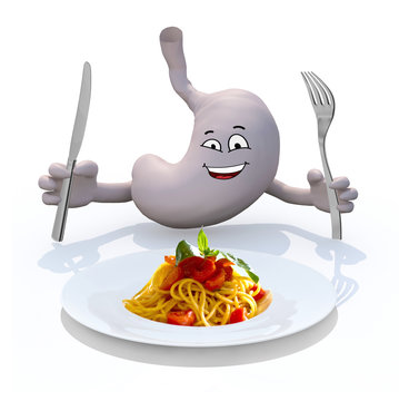 stomac with arms and cutlery on hand in front on spaghetti plate