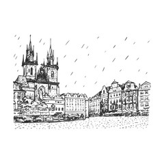 Old town square in Prague, Czech Republic. Church of Our Lady before Tyn and monument of Jan Hus. Vector hand drawn sketch.
