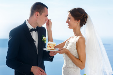 Happy bride and groom eating delicious wedding cake closeup