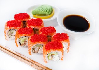 closeup of Japanese sushi salmon and flying fish roe (shallow DO