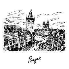 View of the Old Town Hall and square in Prague, Czech Republic. Vector hand drawn sketch.
