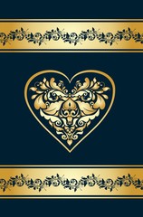 Greeting card with vintage floral golden heart shape