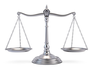 Justice, law, decisions concept - Balanced silver scale isolated on white