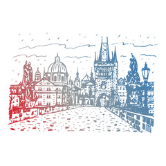 View from Charles Bridge, Prague, Czech Republic. Vector hand drawn sketch.