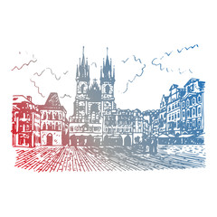 Obraz premium Old Town Square in Prague, Czech Republic. Vector hand drawn sketch.
