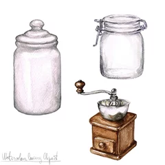 Foto op Canvas Watercolor Cooking Clipart - Coffee grinder and Jars © nataliahubbert