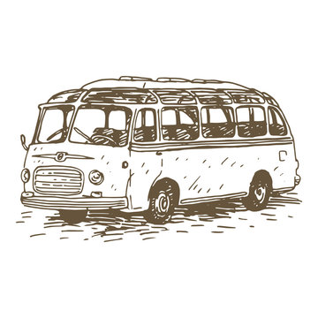 Retro bus. Picture of vintage transport. Old times. Vector hand drawn sketch.