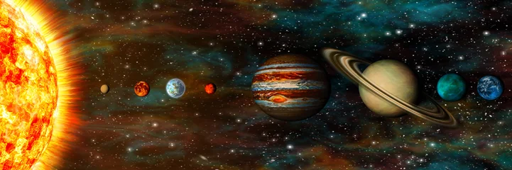 Fototapeten Sonnensystem, Planeten in einer Reihe, ultraweit © tmass