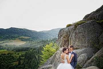 Naklejka premium luxury happy bride and stylish groom hugging each other with ten