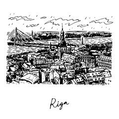 The panorama view of Riga, Latvia. Vector freehand pencil sketch.