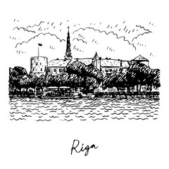 Riga Castle on the banks of River Daugava in Riga, Latvia. Vector freehand pencil sketch.