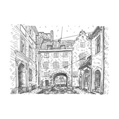 Swedish Gate in the old city of Riga, Latvia. Vector freehand pencil sketch.