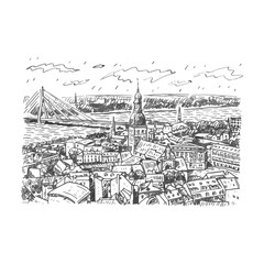 The panorama view of Riga, Latvia. Vector freehand pencil sketch.
