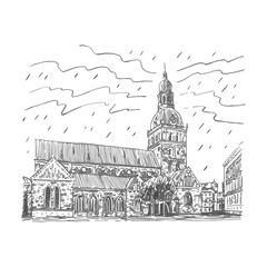 The Evangelical Lutheran cathedral in Riga, Latvia. Vector freehand pencil sketch.