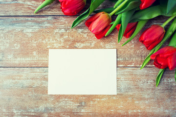 close up of red tulips and blank paper or letter