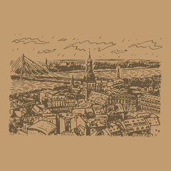 The panorama view of Riga, Latvia. Vector freehand pencil sketch.