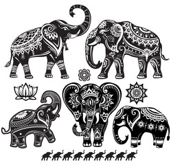 Set of decorated elephants on black