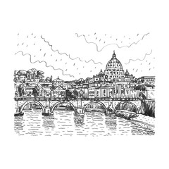 View at Tiber and St. Peter's cathedral in Rome, Italy. Vector hand drawn sketch.