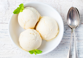 Vanilla Ice Cream with Mint in bowl Homemade Organic product