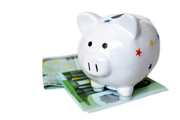 Piggy bank and money isolated on white background