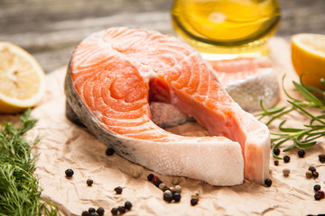 Fresh salmon on old wood