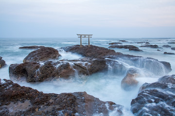 Japanese shrine gate and sea at Oarai city , Ibaraki