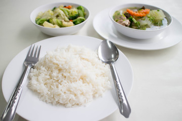 soup with and mixed vegetable stire-fried served with white rice