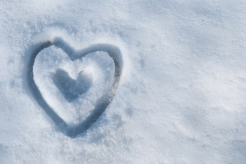 Two hearts in snow. Greeting card template.