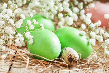 Fototapeta na wymiar Green easter eggs on old wooden background with dry straws and w