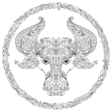 Pattern for coloring book. Zodiac Taurus.