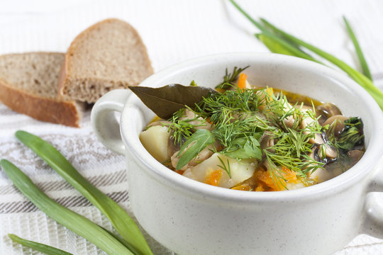 Vegetables and mushroom soup with herbs in a clay tureens on the table