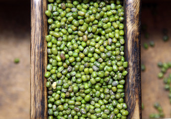 Green mung beans in a wooden container, selective focus.