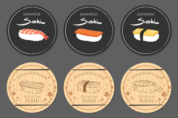 Sushi logo badges, black colors and wood texture