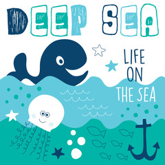 deep sea fishes and whale vector illustration