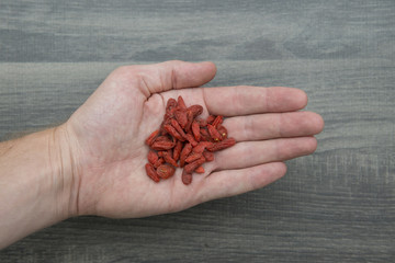 Hand hält gesunde Super fruits (Goji Beeren)