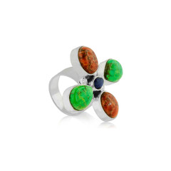 Green Turquoise, Coral, and Lapis Flower Statement Ring