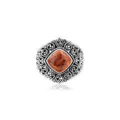 Cushion Cut Red Coral Fashion Ring in Sterling Silver with Leaf Designs