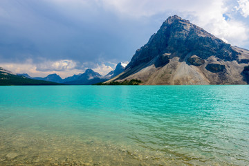 Fragment of mountain lake trail in Alberta, Canada, Rocky Mountains. Bow Lake.