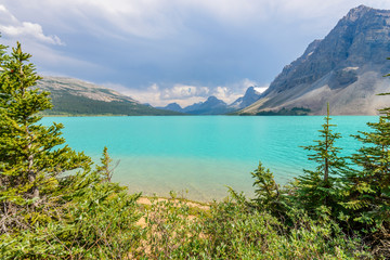 Fragment of mountain lake trail in Alberta, Canada, Rocky Mountains. Bow Lake.