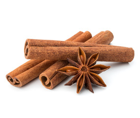 cinnamon stick and star anise spice isolated on white background