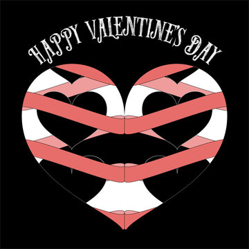 Vector valentines day creative minimal greeting card with ribbons and hearts on black background