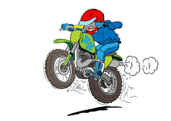 Barn kör motocross och hoppar The child rides motocross and jumps - obrazy, fototapety, plakaty